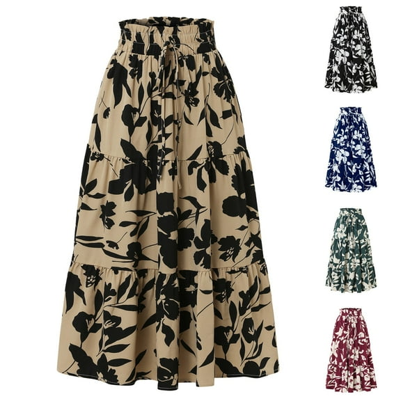 bbyeadc Boho Skirts for Women Tiered Elastic High-Waist Floral Skirt Comfy Drawstring Summer Vacation Skirt Trendy Pleated Floral Skirts Women Midi Length, Khaki L