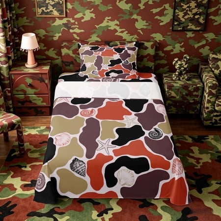 Manfei Camouflage Colorful Seashell Starfish Twin Sheet Sets for Kids Boys and Girls Marine Life Print Bedding 3 Pieces 1 Flat Sheet 1 Fitted Sheet and 1 Pillowcase