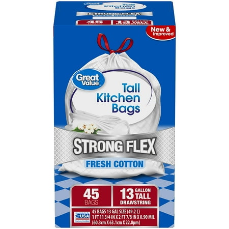 Great Value Strong Flex Tall Kitchen Drawstring Trash Bags, Fresh Cotton, 13 Gallon, 45 Count