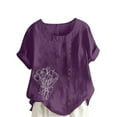 thumbnail image 2 of Vmvidoty Crew Neck Cotton Linen Blouses for Women Dressy Casual Tops Summer Short Sleeve Shirts Fashion Clothes Purple XL, 2 of 5