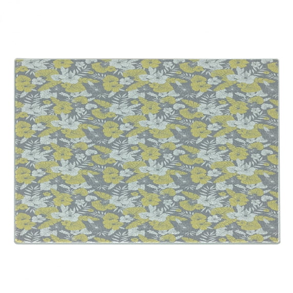 Luau Cutting Board, Hawaiian Vegetation Flowers Abstract Summertime Botanical Composition, Decorative Tempered Glass Cutting and Serving Board, Small Size, Pale Yellow Pale Grey, by Ambesonne