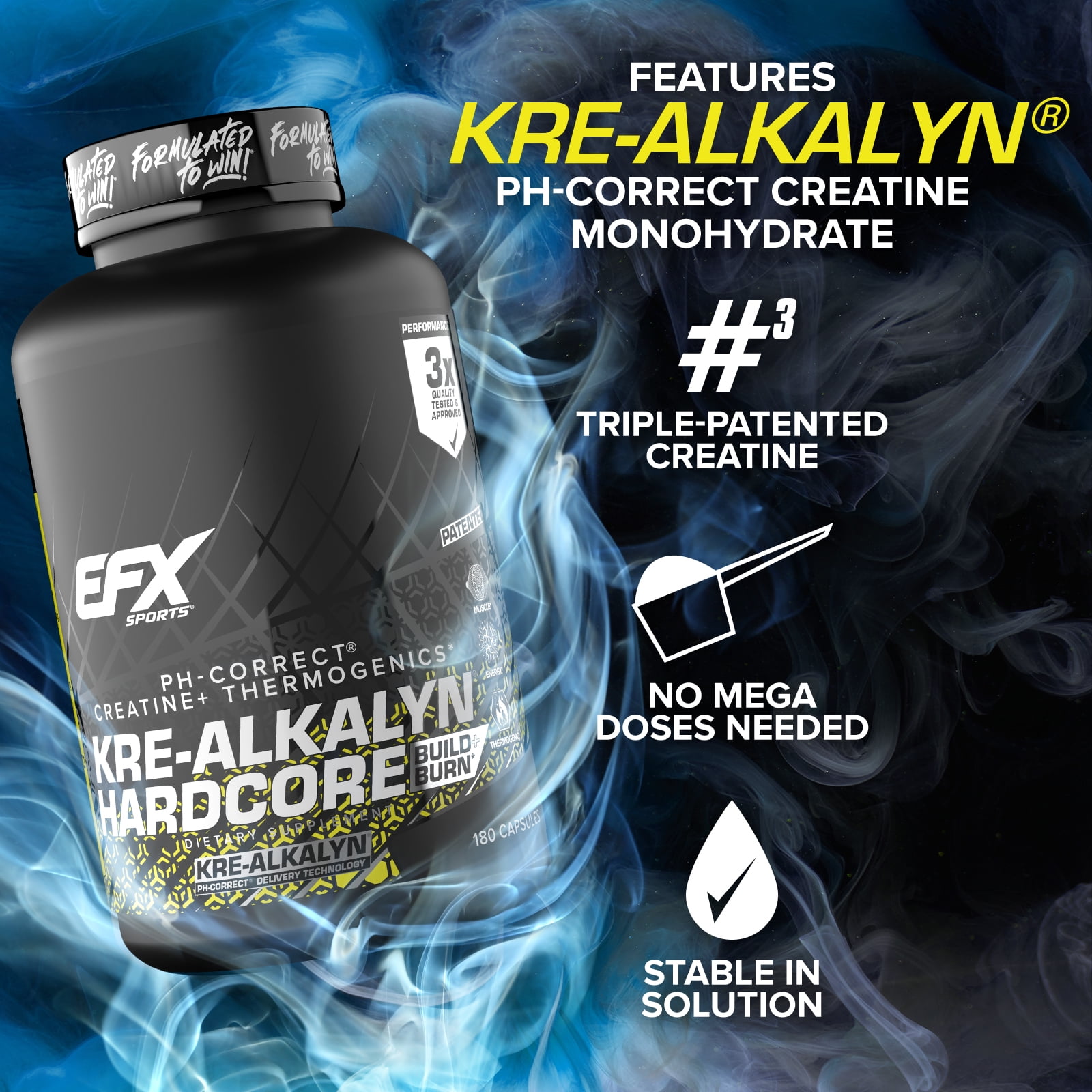 EFX Sports Kre-Alkalyn Hardcore , Thermogenic pH Correct Creatine Monohydrate Pill Supplement , Energy & Strength Pre Workout , 60 Servings, 180 Capsules 180 Count (Pack of 1)