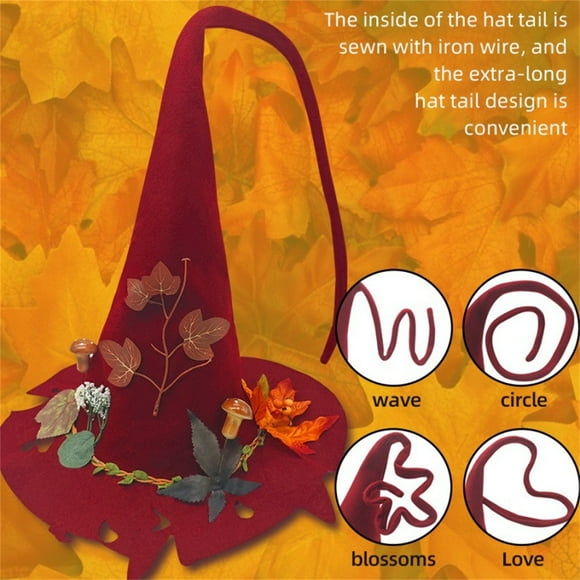 EQWLJWE Women Witch Hat,Halloween Witch Hat,Claret Wool Felt Wizard Hat,Ruched Crooked Pointed Cap with Mushroom Maple Berries,Knitted Cap Halloween Wizard Cap Mardi Gras Hat Headwear