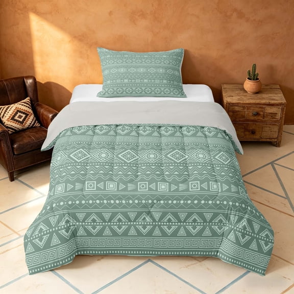 Manfei Bohemian Aztec Twin Comforter Sets,Exotic Style Bedding Set, Green White, Gray Reversible 2-Piece, 1 Comforter and 1 Pillowcase