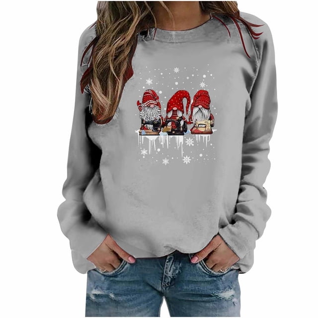 Tops de mujer Suéter de cuello redondo con estampado navideño Blusa suelta Sudadera sin capucha Pompotops FGAJ19939