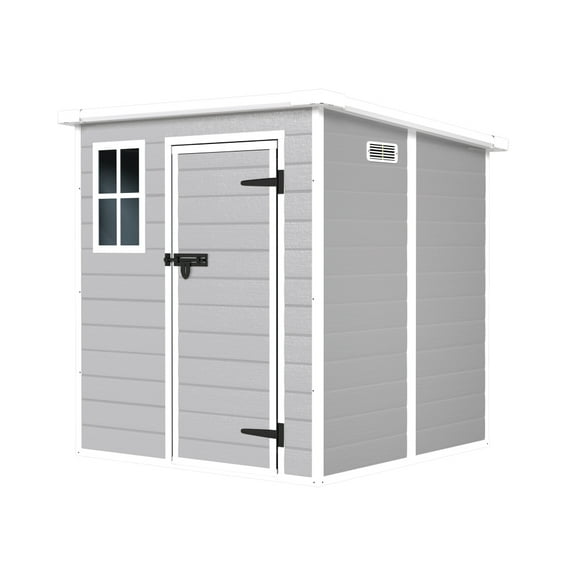 6x6 FT Waterproof Resin Storage Shed – Lockable Doors, Vents, Floor & Window, Ideal for Bikes, Garden Tools, All-Weather Use, Light Grey