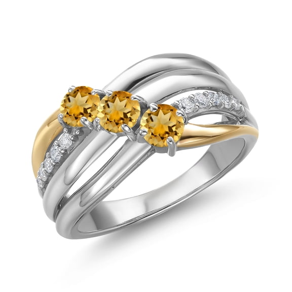 Gem Stone King 925 Silver and 10K Yellow Gold Yellow Citrine and Lab Grown Diamond Engagement Ring for Women | 0.92 Cttw | Round 4MM | November Birthstone | Size 7
