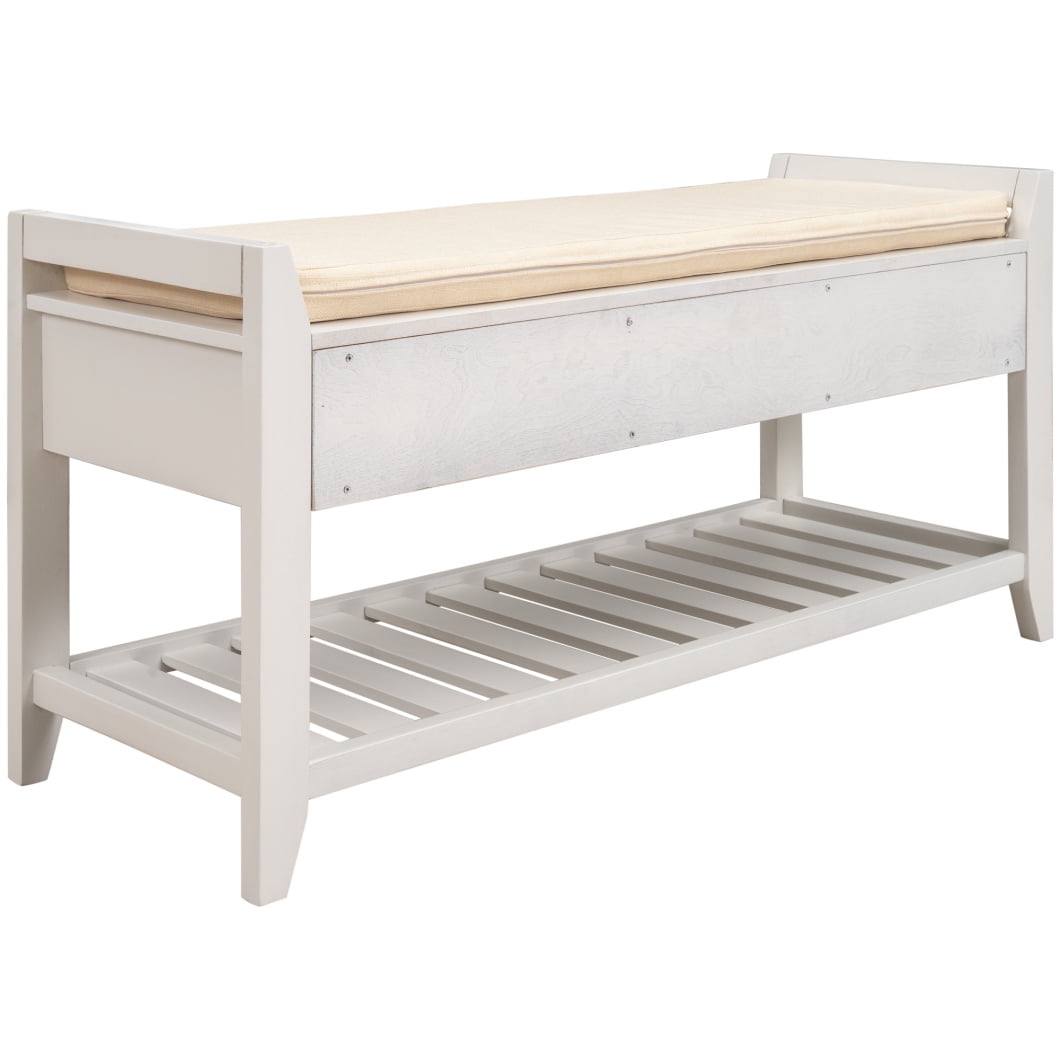 Upholstered Shoe Rack Bench with Cushioned Seat, Storage Drawers and Bottom Shelf, Wooden Entryway Shoe Bench with Legs, Narrow Rectangular Storage Bench for Entryway Laundry Room Bedroom, White