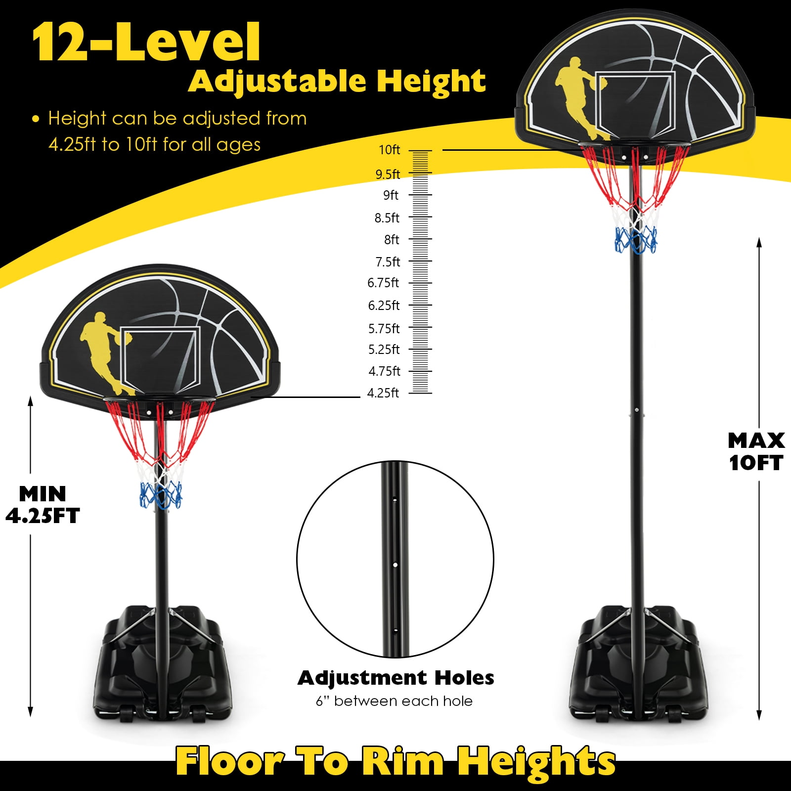 Infans 4.25-10FT Portable Adjustable Basketball Goal Hoop System w/2 Nets Fillable Base