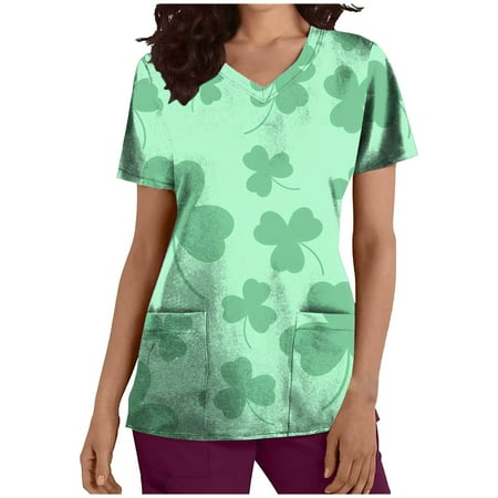 

SMihono Save Big St. Patrick s Day Graphic Lucky Clover Print Tunic Scrub Tops for Women Fashion Ladies Working Uniform Short Sleeve Pocket Slim Fit Casual Sexy V Neck Female Leisure Blue 6
