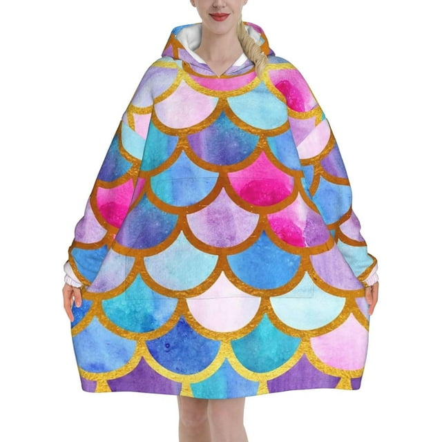 Colorful Rainbow Printed,Women's Oversized Wearable Blanket Hoodie, Blanket Sweatshirt,Flannel Pullover Blanket
