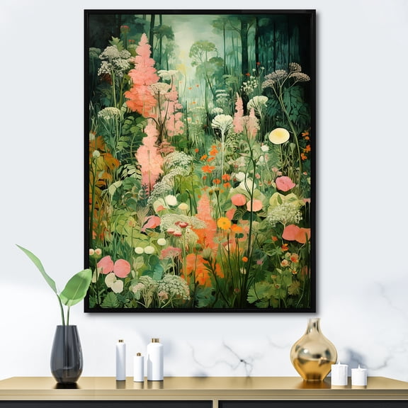 Designart "Enigmatic Pink and Green Garden Flowers III" Abstract Framed Wall Art - Modern Pink Tachisme Hallway Framed Wall Art Decor