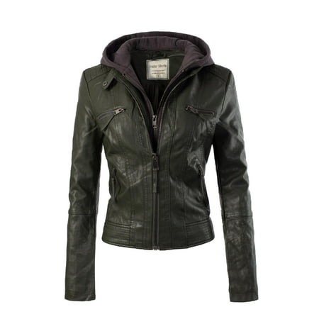 Made by Olivia Women's Fashion Motorcycle Faux Leather Hooded Jacket Dark Green