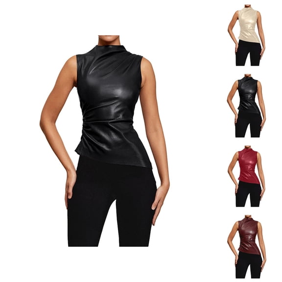 Pu Leather Tank Tops for Women Street Solid Neck Pleated Asymmetrical Hem Slim Fit Sleeveless Shirt