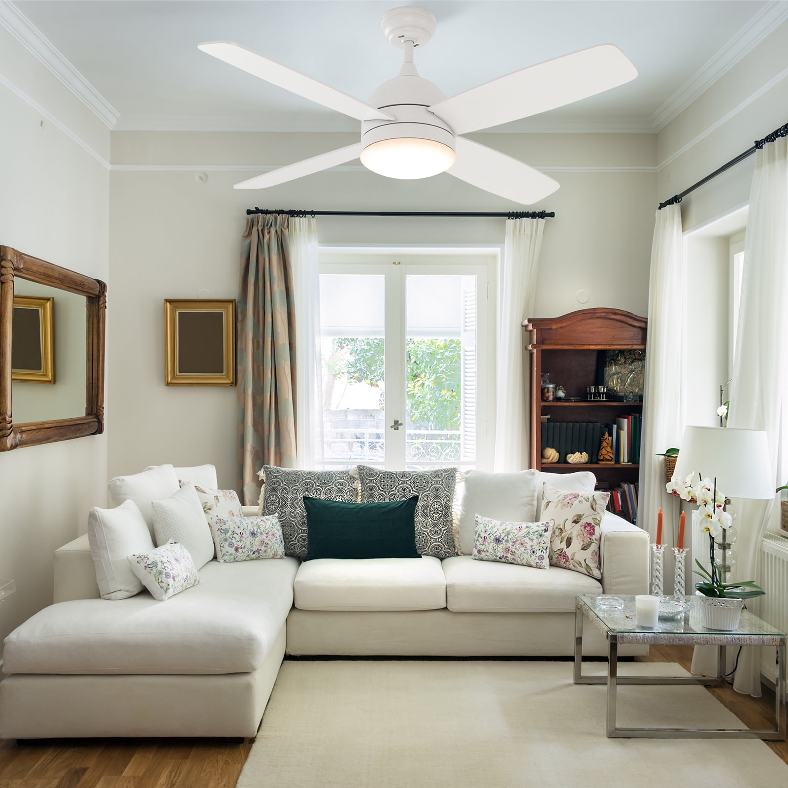 Warmiplanet 48" 4-Blade Matte White Ceiling Fan - 3 Speeds, Dimmable Brightness, Remote Control, Dual-Color Blades,
