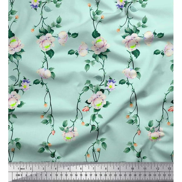Soimoi Modal Satin Fabric Leaves & Peony Floral Fabric Prints by Yard 42 Inch Wide