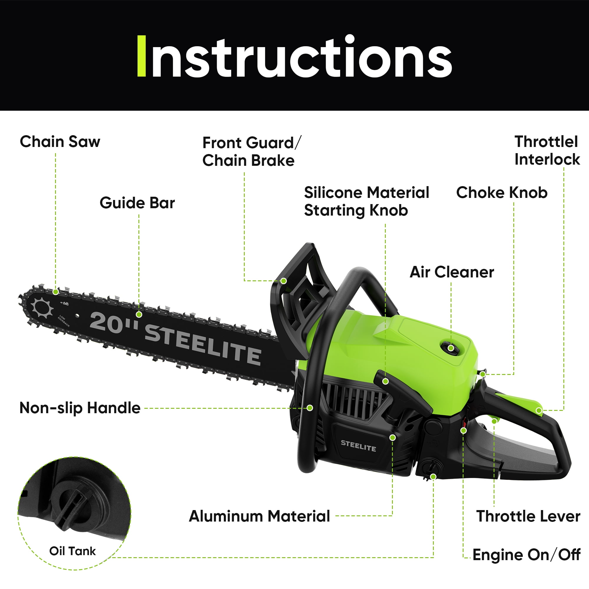 Steelite 62CC Gas Powered Chainsaw,20 Inch 2-Stroke Petrol Handheld Cordless Chain Saw,Gasoline Gas Chainsaws for Wood Cutting, Tree Trimming