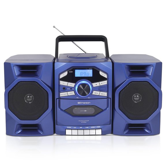 Emerson Reproductor de CD portátil Boombox con reproductor de casete, grabadora de cinta, radio AM/FM, entrada auxiliar MP3, parlantes desmontables, CA/CC y funciona con baterías - Sistema estéreo par