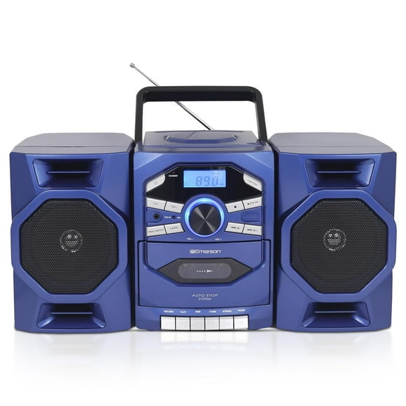 Emerson Reproductor de CD portátil Boombox con reproductor de casete, grabadora de cinta, radio AM/FM, entrada auxiliar MP3, parlantes desmontables, CA/CC y funciona con baterías - Sistema estéreo par