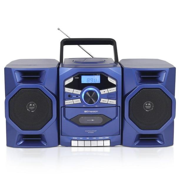 Emerson Reproductor de CD portátil Boombox con reproductor de casete, grabadora de cinta, radio AM/FM, entrada auxiliar MP3, parlantes desmontables, CA/CC y funciona con baterías - Sistema estéreo par