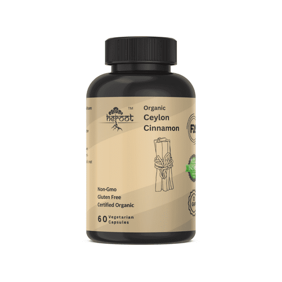 Heroot Organic Ceylon Cinnamon 500mg Capsules, Blood Sugar Support, Helps Joint Health, 60 Count