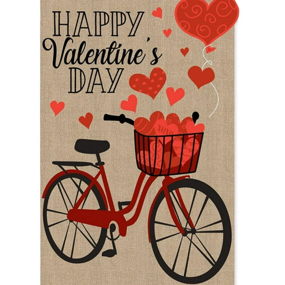 Evergreen Burlap House Flag - Valentine's Day Bicycle