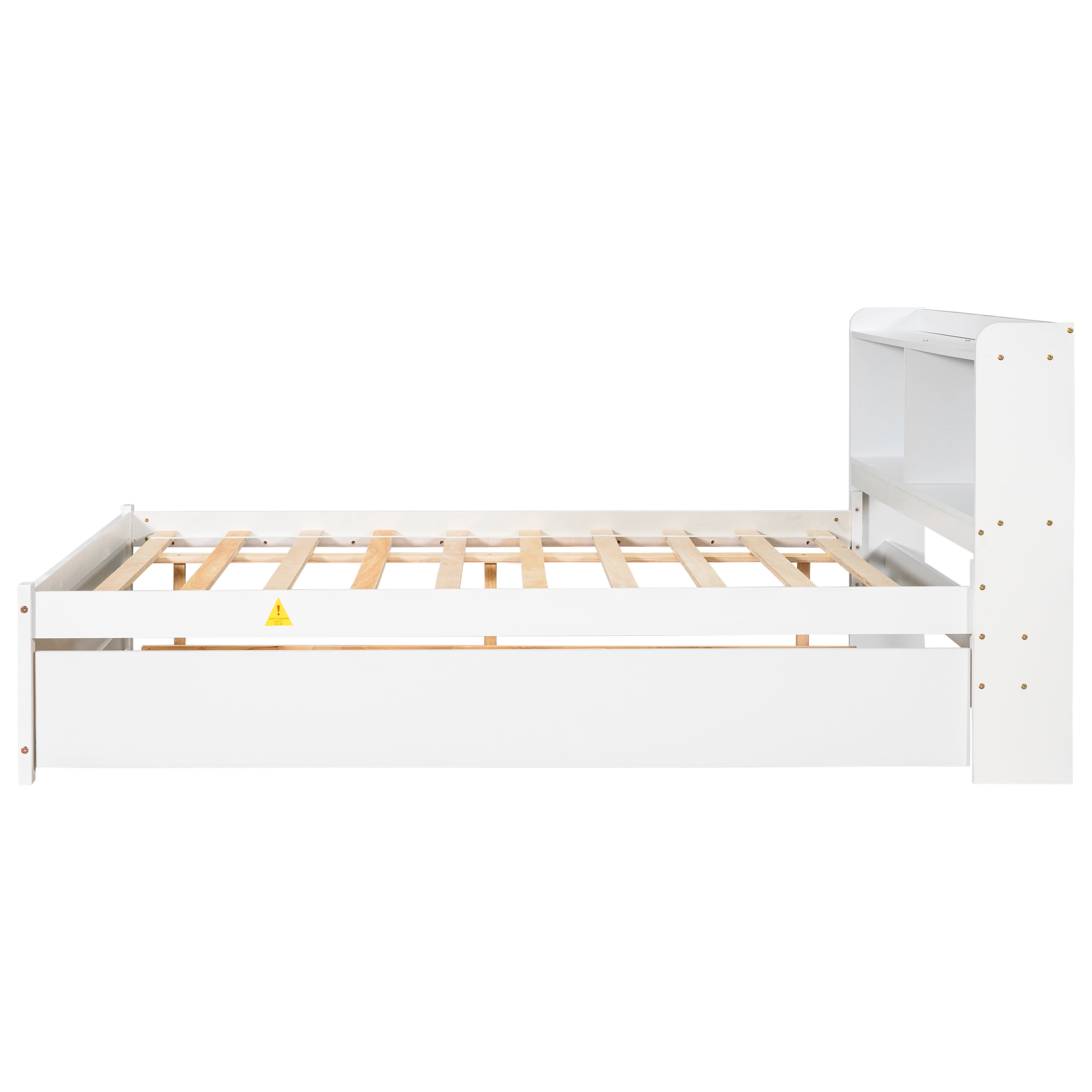 Sailvan Full Size Platform Bed with Trundle and Storage Bookcase Headboard, Solid Pine Wood White