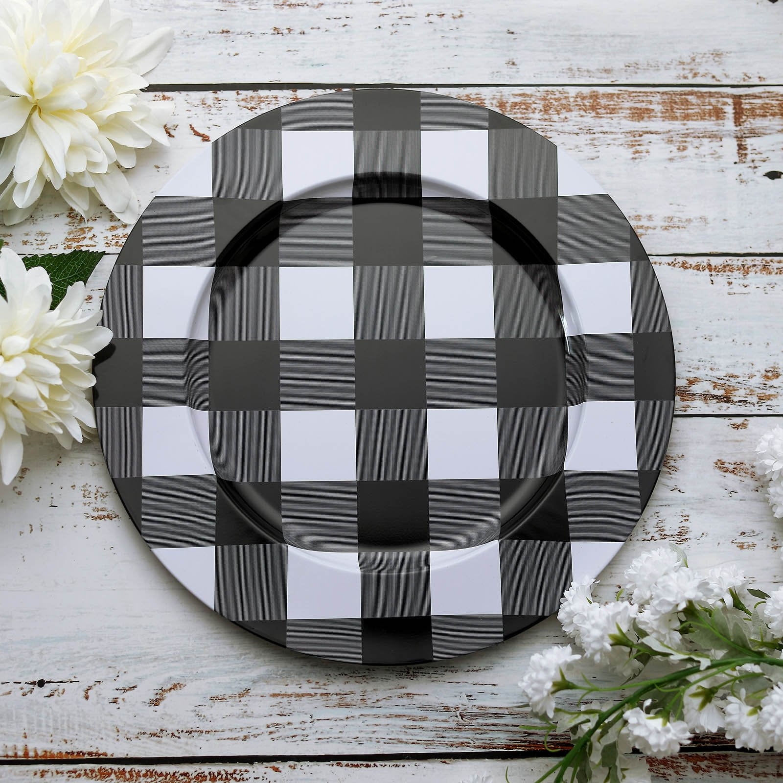 Efavormart 4 Pack 13" Buffalo Plaid Metal Charger Plates Checkered Dinner Chargers Black/White