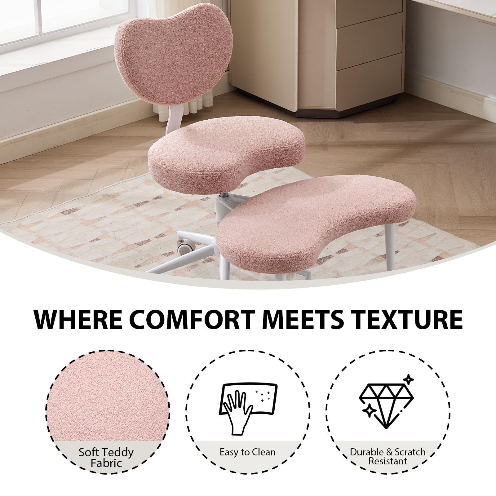 Pawverly Cross-Legged Meditation Chair with Wheels, Adjustable Height Yoga Office Chair with Lumbar Support, Ergonomic Criss Cross Desk Chair for Adults, Pink Teddy