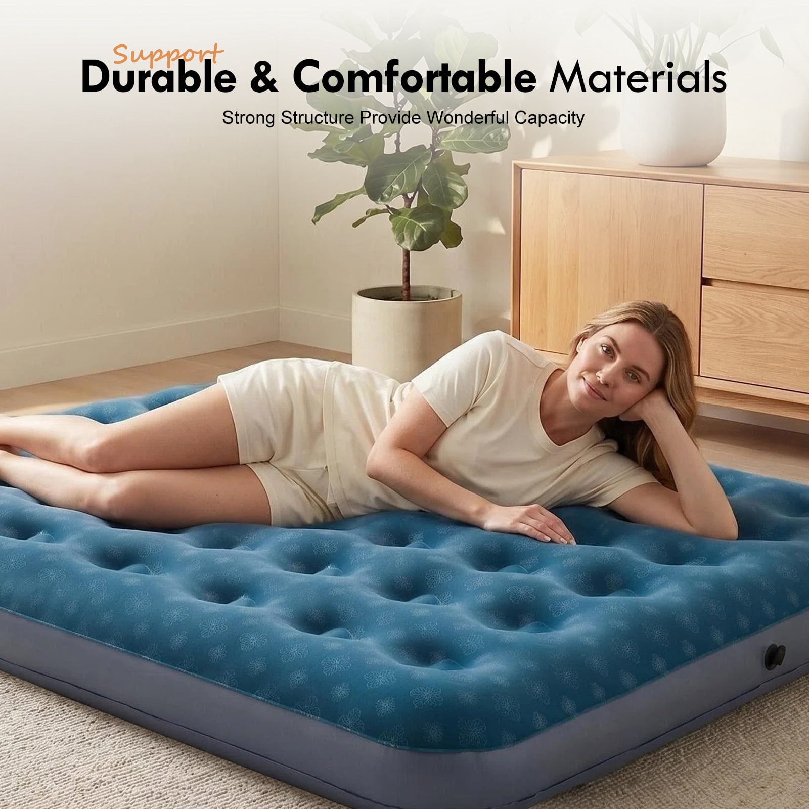 Honeydrill Queen Size Camping Air Mattress Patterned Airbed with Flocked Surface