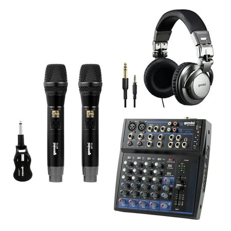 Gemini Compact Bluetooth Audio Mixer (GEM-08USB  8 Channels) & DJX-500 Over-Ear Professional DJ Headphones  Black and Silver & GMU-M200 UHF Dual Wireless Microphone System   843631171097