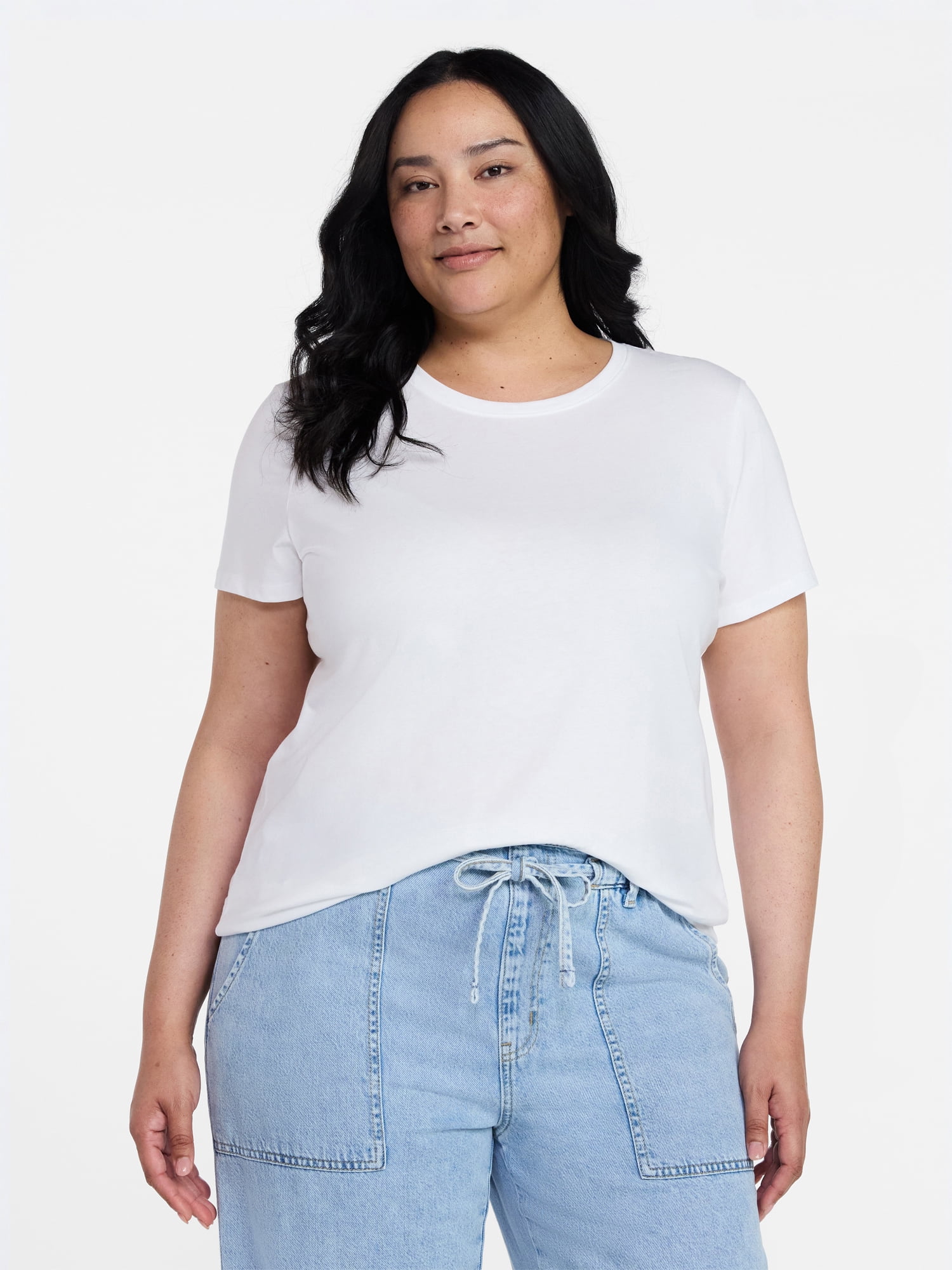 Time and Tru Women's Cotton Crewneck Tee with Short Sleeves, Sizes XS-XXXL