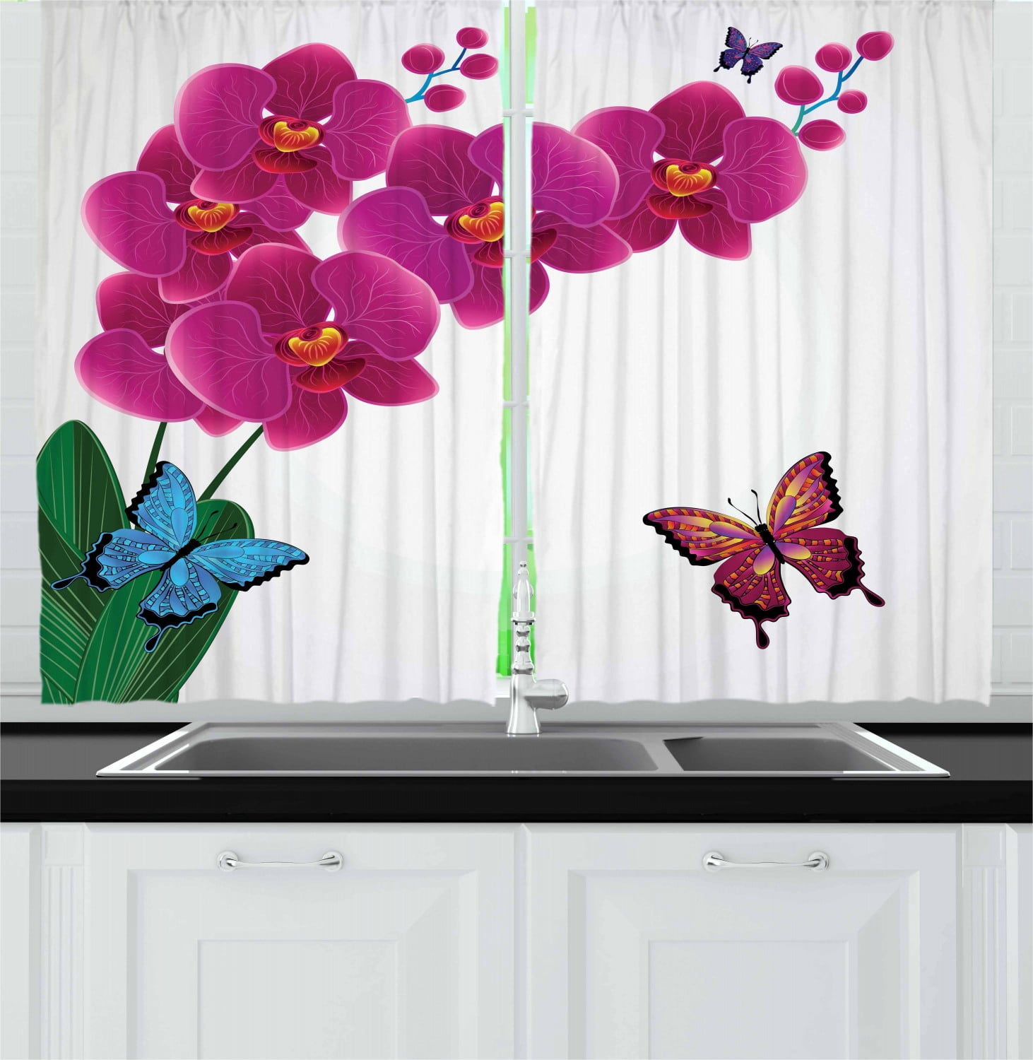 Orchids Curtains 2 Panels Set, Botanical Composition with Pink Orchid