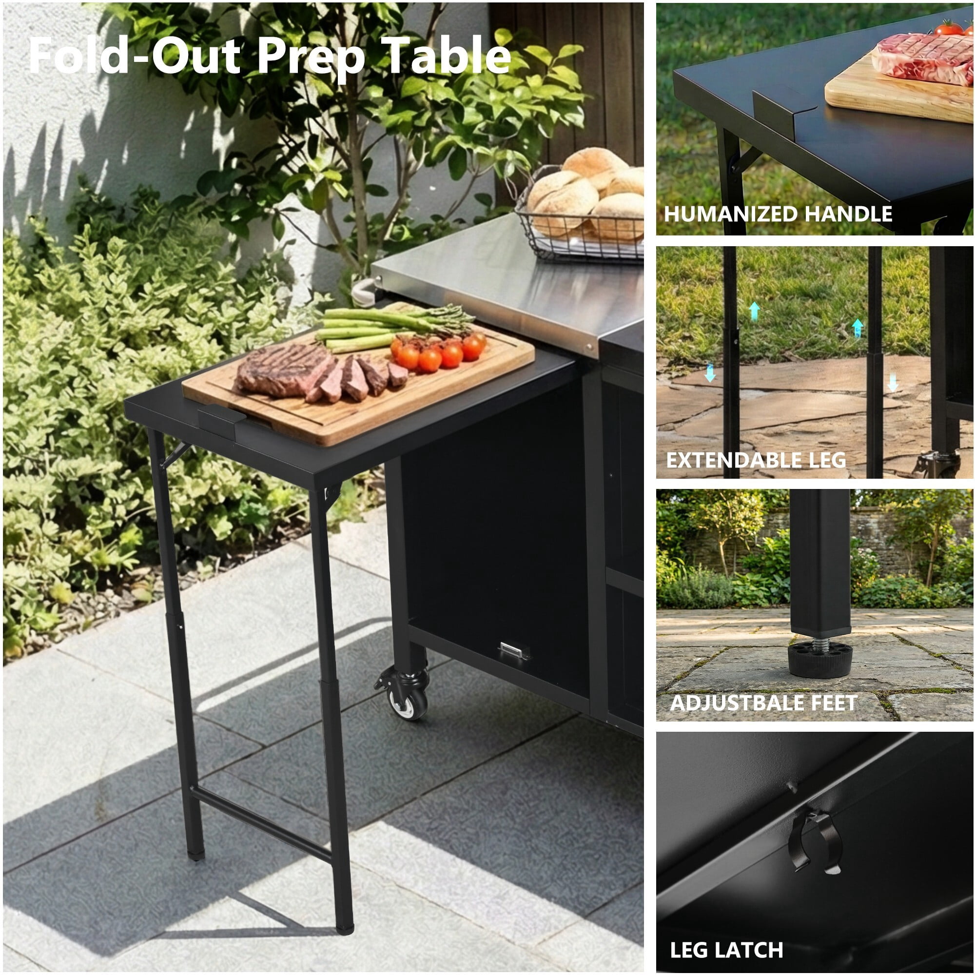 AENKYO 72" Outdoor Grill Cart for Big Green Egg, Metal BBQ Kitchen Island w/ Fold-out Prep Table & Stainless Top