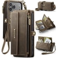thumbnail image 1 of Funda tipo cartera para iPhone 17 Pro Max: funda de piel sintética con bloqueo RFID, tarjetero, bolsillo con cremallera, soporte, cierre magnético y correa para el hombro y la muñeca, 1 of 9