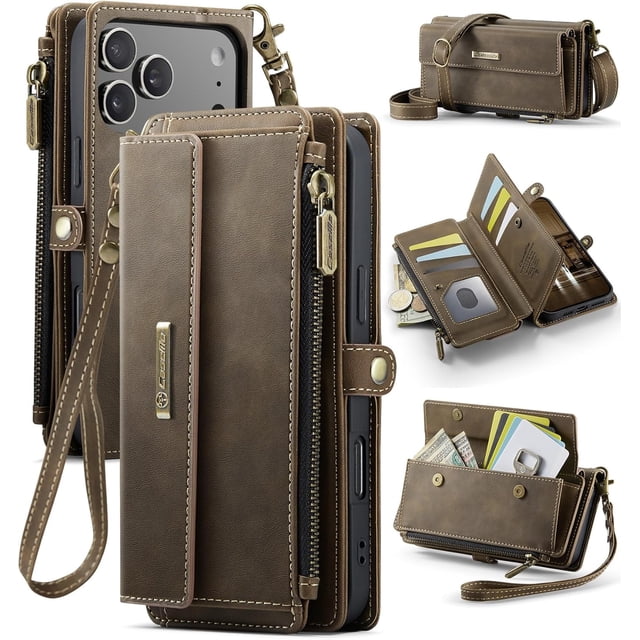 Funda tipo cartera para iPhone 17 Pro Max: funda de piel sintética con bloqueo RFID, tarjetero, bolsillo con cremallera, soporte, cierre magnético y correa para el hombro y la muñeca