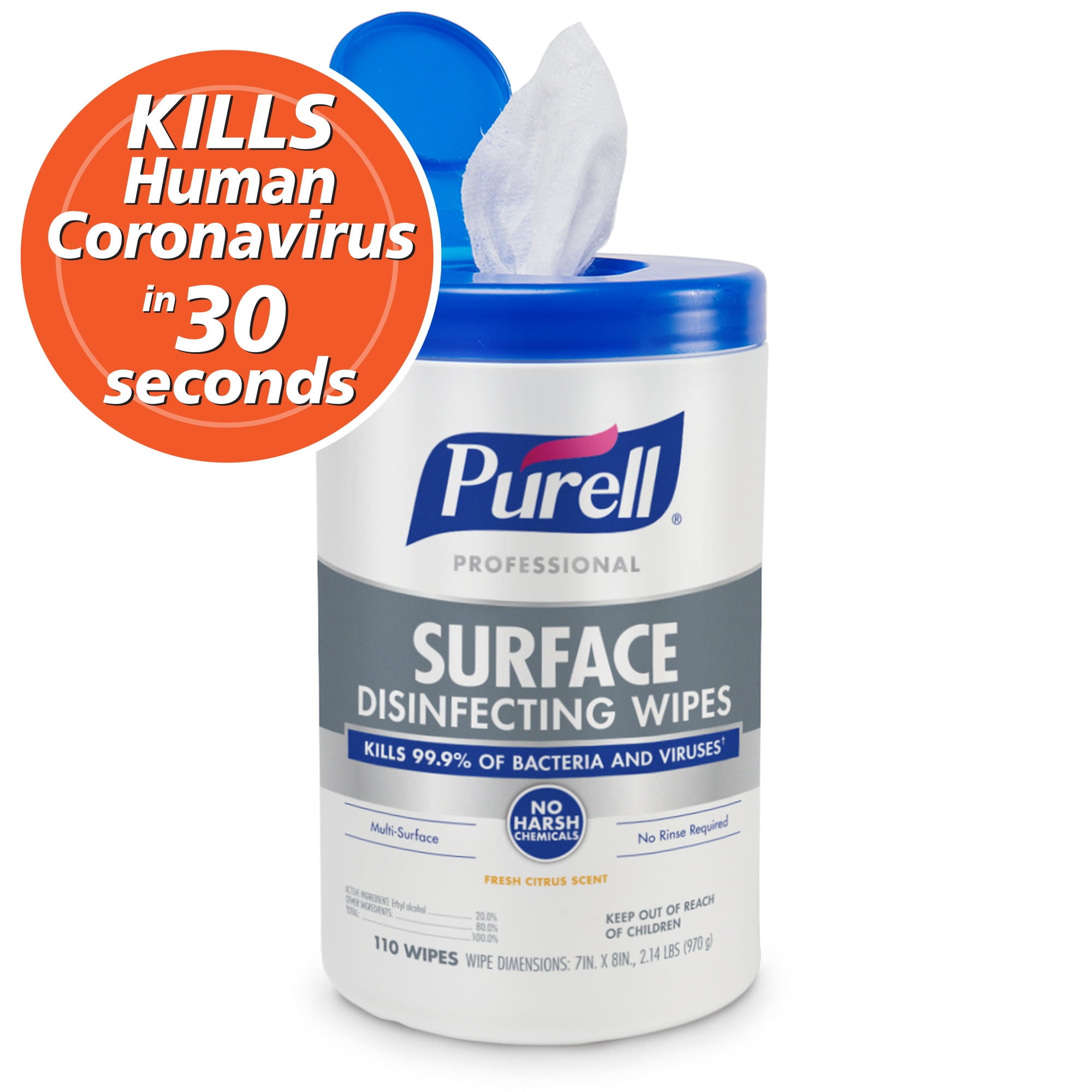 PURELL® Professional Surface Disinfecting Wipes, Citrus Scent, 110 Count Canister, 7"x 8" Wipes, Pack of 6 Canisters
