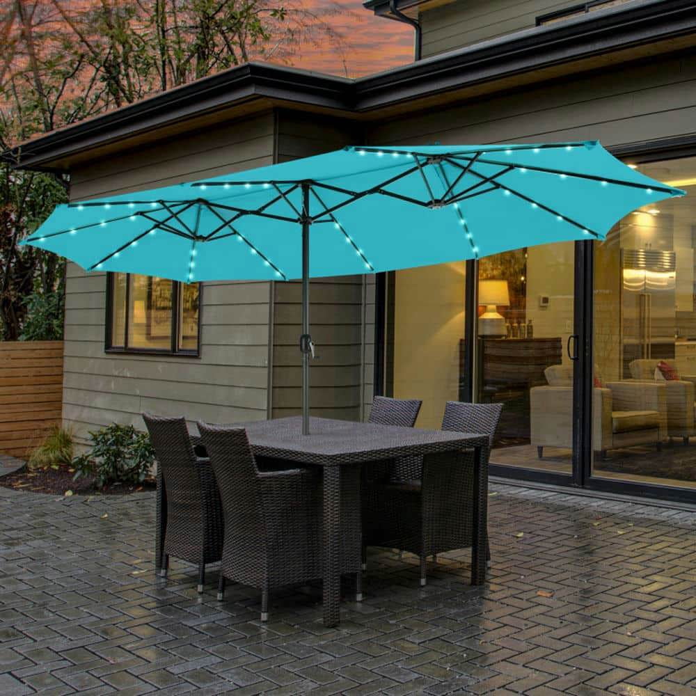Demifill 15 Feet Twin Patio Umbrella with 48 Solar LED Lights, Double-side Canopy Shade for Outdoor as Garden, Backyard, Porch, Turquoise
