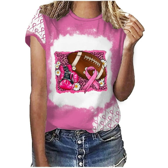 IROINNID Pink Breast Cancer Top for Women Breast Cancer Awareness Loose Round-Neck Printing Blouse Short Sleeve T-Shirt Summer Tops,Pink