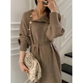 thumbnail image 6 of Women Oversized Turtle-Neck Long Sleeve Belted Knit Pullover Casual Button Shift Sweater Maxi Dress Khaki L, 6 of 9