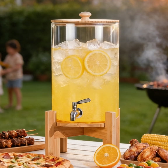 2.2 Gallon Drink dispenser, Large Water Glass Beverage Dispenser With Wood Stand for Parties With Stainless Steel Spigot, Ideal for Lemonade,Juice, Tea, and Party Drinks