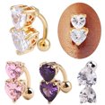 thumbnail image 1 of HEVIRGO Reverse Crystal Zircon Bar Belly Ring Gold Body Piercing Button Navel Two Hearts,Pink, 1 of 9