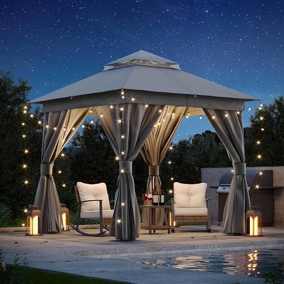 8'x8' Outdoor Patio Gazebo, Heavy Duty Semi-Permanent Gazebo Tent with Double Roof, Mosquito Netting & Privacy Curtains, Metal Frame Backyard Canopy for Garden, Lawn, Party