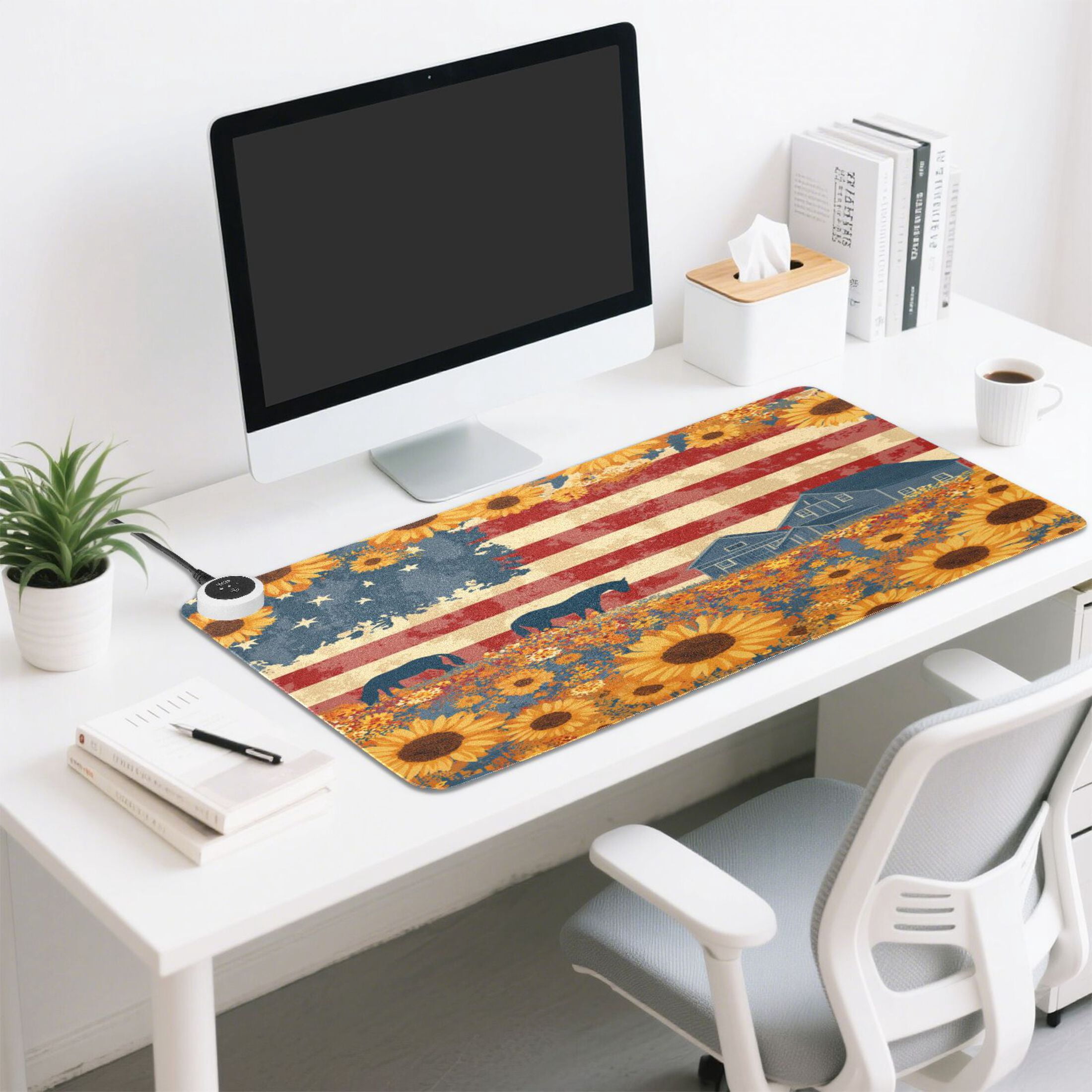 Large Heated Desk Mat Mouse Pad 31.5"x13"PU Leather Graphene Heating Desk Warmer with 3 Temperature Settings 110V US Plug Non-Slip Warm Pad for Home, Office, and Gaming American Folk Art Painting