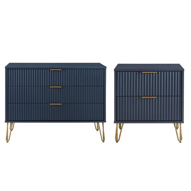 Pemberly Row Commode Standard 2 Pcs à 3 Tiroirs et Table de Nuit 2.0 en Bleu