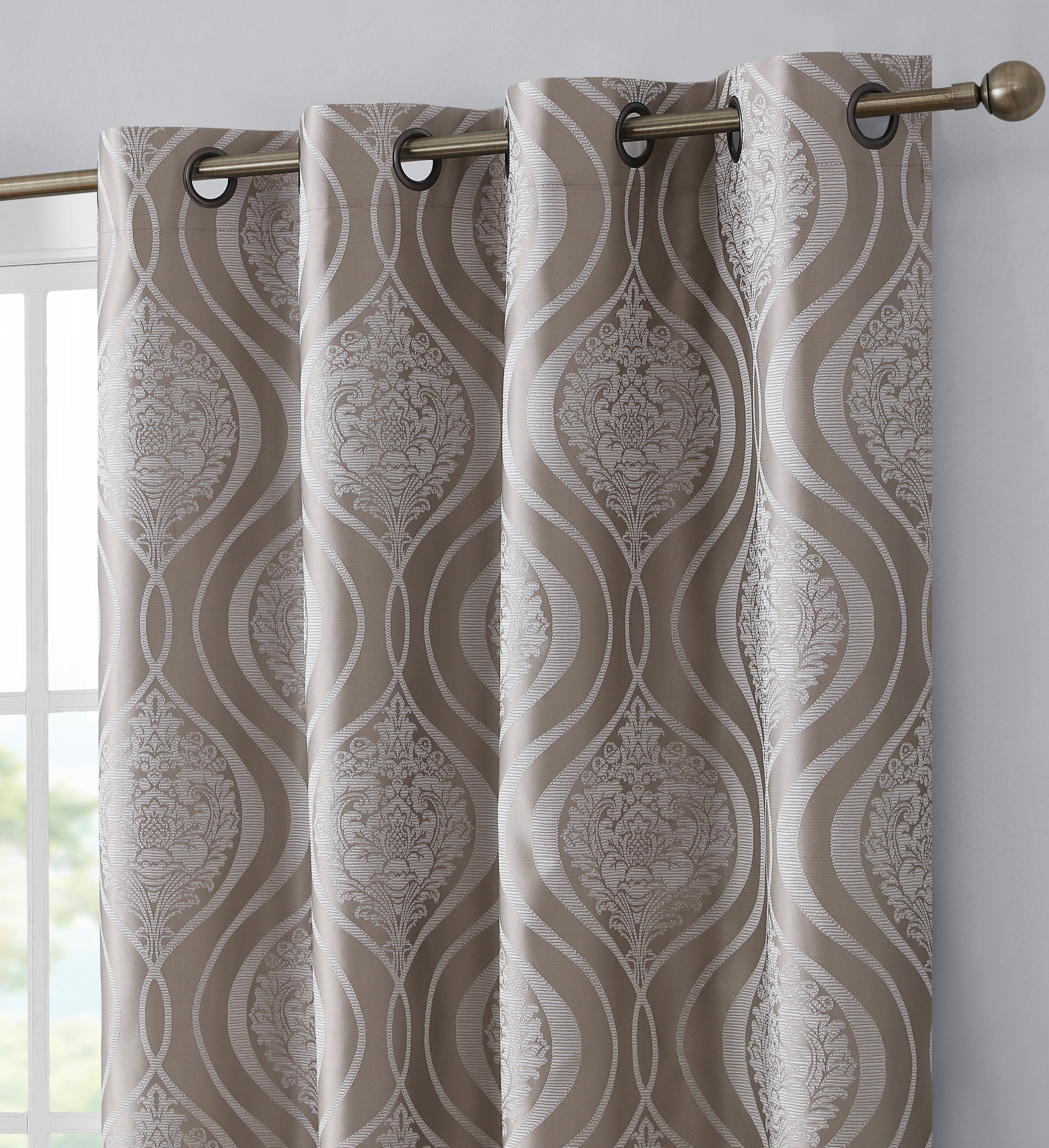 Pair Of Fully Lined Ready Made 90"W X  90"D Jacquard Eyelet Ring Top Curtains