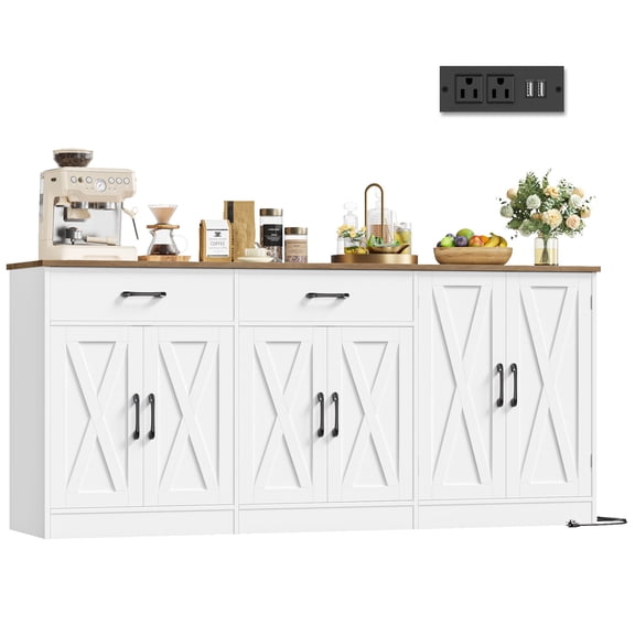 Homfa 6-Door Buffet Cabinet with Built-In Power Outlet, 70.8” Kitchen Sideboard with 2 Drawers, Farmhouse Storage Cabinet with Door-Mounted Shelves for Dining Room, White