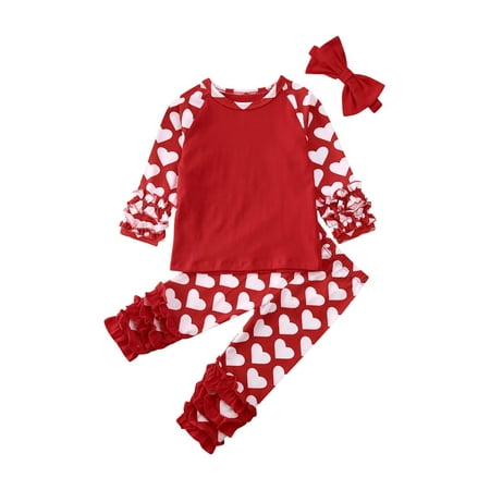 

Gureui Toddler Baby Girl Valentine s Day Outfit Long Sleeve Ruffle Love Heart T-Shirt Tops Causal Long Pants Clothes Set