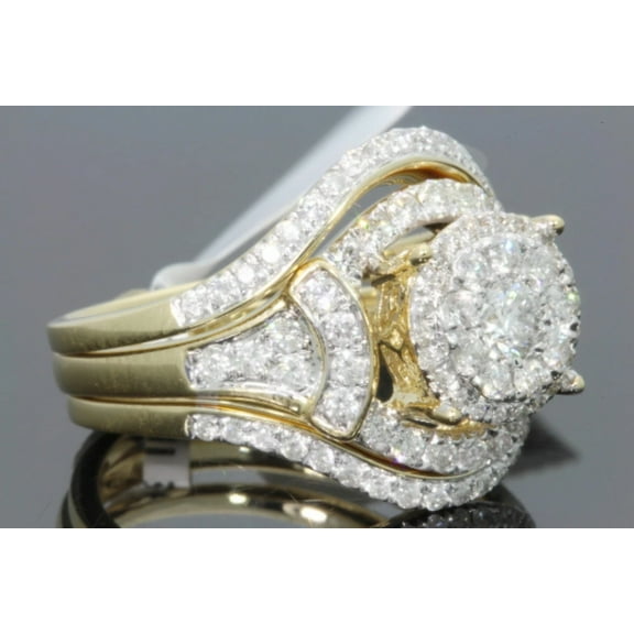 10K YELLOW GOLD 1.50 CARAT WOMENS REAL DIAMOND ENGAGEMENT RING 2 WEDDING BANDS SET