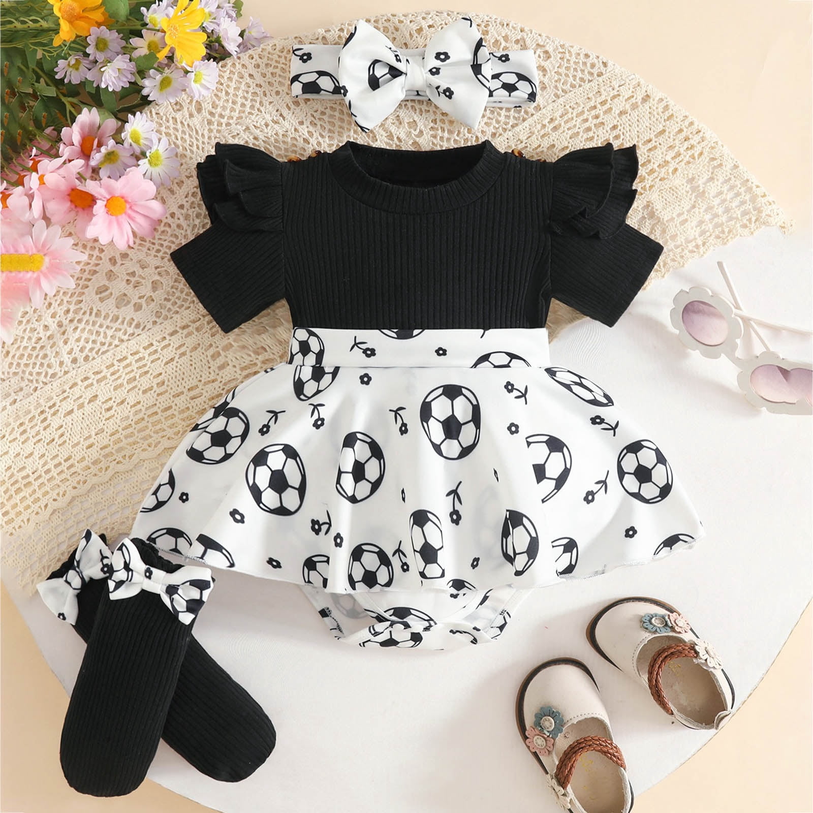 Faraee Baby Girl Summer Clothes Ruffle Romper Short Sleeve Bodysuit Bow Hairband Socks Newborn Infant Cute Outfits (9-12M,Black)